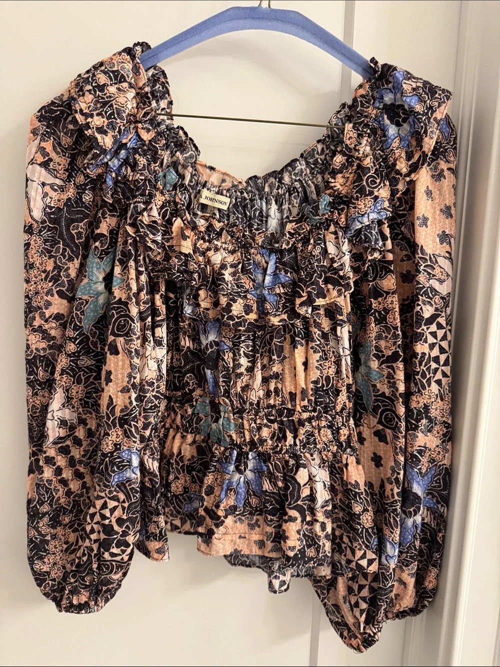 Ulla Johnson Peach and Blue Floral Smocked Peasant Blouse